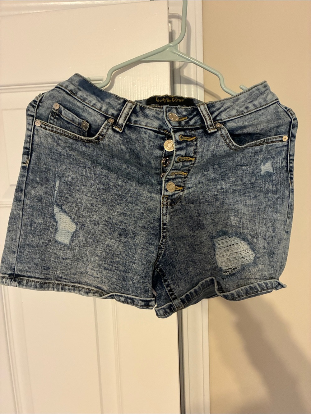 Indigo Rein Washed Blue Distressed High-Rise Jean Shorts